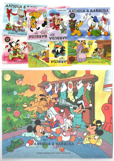 MDS222  - 1986 Disney's Babies Celebrate Christmas, Mint, Set of 8 Stamps and Souvenir Sheet, Antigua