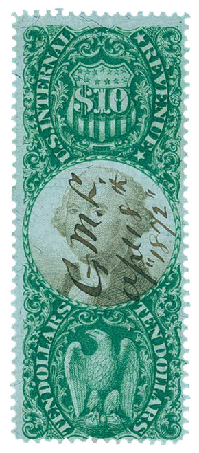 R149  - 1872 $10 US Internal Revenue Stamp - green & black
