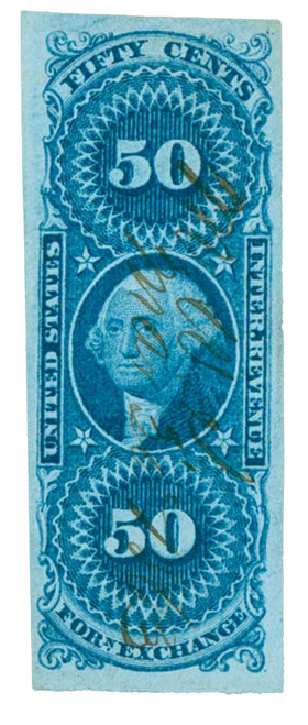 R56a  - 1862-71 50c US Internal Revenue Stamp - Foreign Exchange, imperf, blue