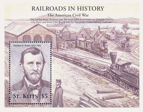 M6727  - Railroads in History - The American Civil War - Ulysses S. Grant, Mint Souvenir Sheet, St. Kitts