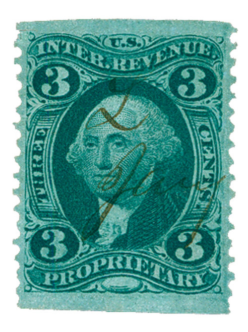 R18b  - 1862-71 3c US Internal Revenue Stamp - Proprietary, part perf, green