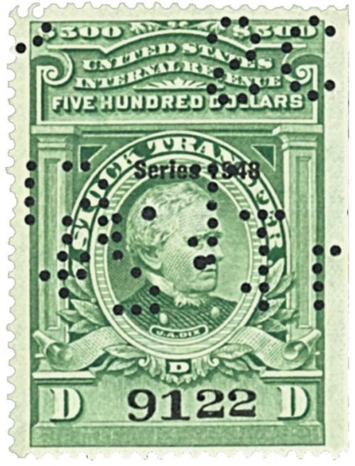 RD282  - 1948 $500 Stock Transfer Stamp, bright green, watermark, perf 12