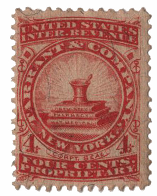 RS241b  - 1871-77 4c Proprietary Medicine Stamp - red,silk paper,Tarrant&Co.