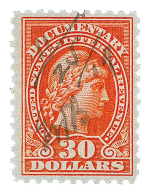 R222  - 1914 $30 US Internal Revenue Stamp -  Liberty, engraved, vermilion