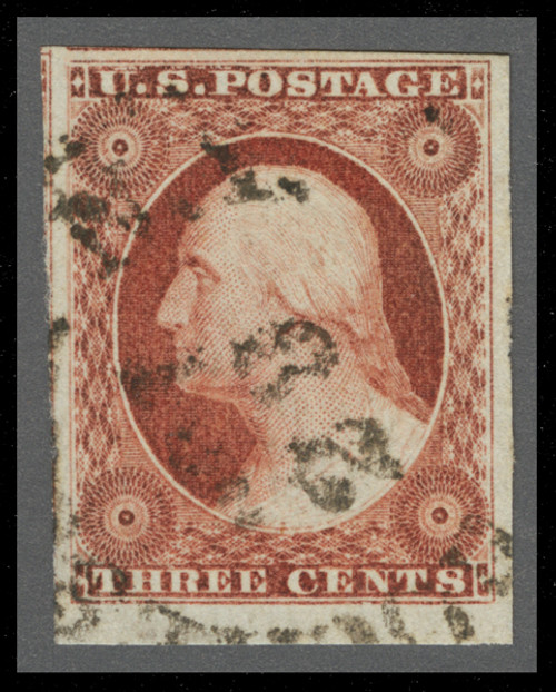 MRS502  - 1856 3c Brownish-Carmine Washington Used Sheet Margin Single