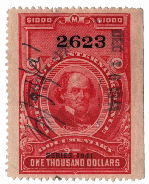 R335  - 1941 $1000 US Internal Revenue Stamp - watermark, perf 12, carmine