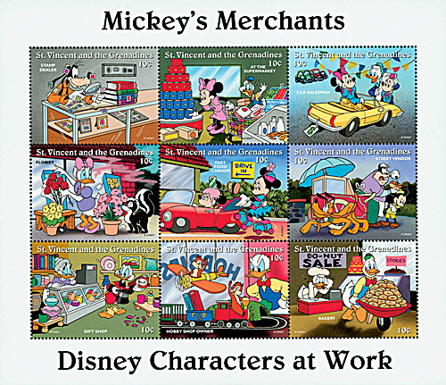 MDS190  - 1996 Disney's Characters At Work - Mickey's Merchants, Mint Sheet of 9 Stamps, St. Vincent