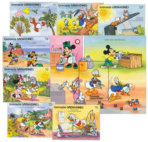 MDS346  - 1991 Disney and Friends Help Save the Environment, Mint, Set of 8 Stamps and Souvenir Sheet, Grenada Grenadines