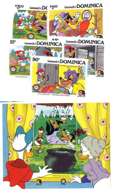 MDS257  - 1985 Disney Friends Celebrate Christmas, Mint, Set of 5 Stamps and Souvenir Sheet, Dominica