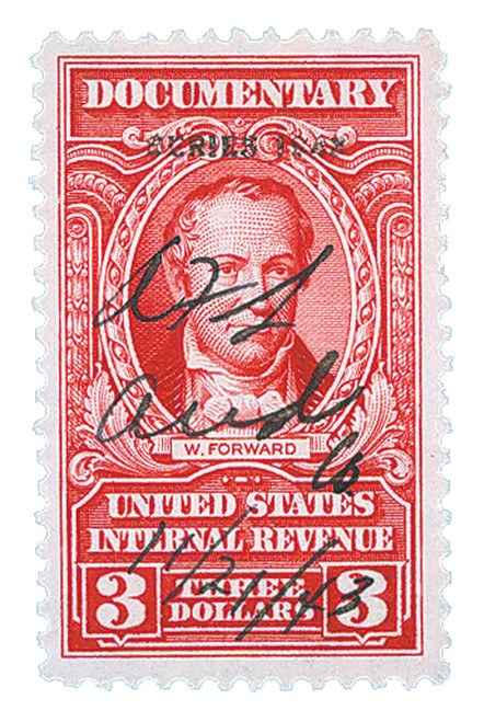 R375  - 1943 $3 US Internal Revenue Stamp - watermark, perf 11, carmine