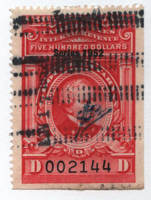 R615  - 1952 $500 US Internal Revenue Stamp - no gum, perf 12, carmine