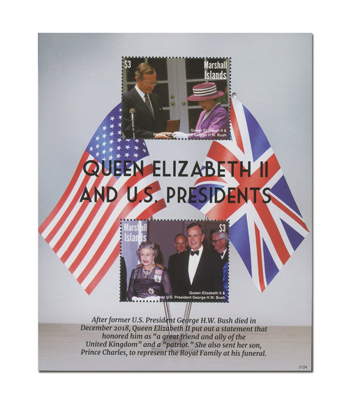 MFN219  - 2021 $3 Queen Elizabeth II and US Presidents: George H.W. Bush, Mint Souvenir Sheet, Marshall Islands