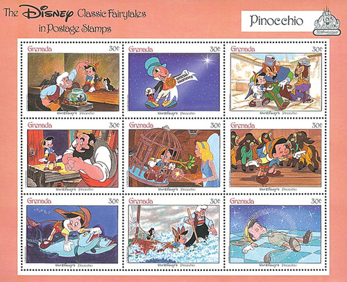 MDS311D  - 1987 Disney's Classic Fairy Tales - Pinocchio, Mint Sheet of 9 Stamps, Grenada