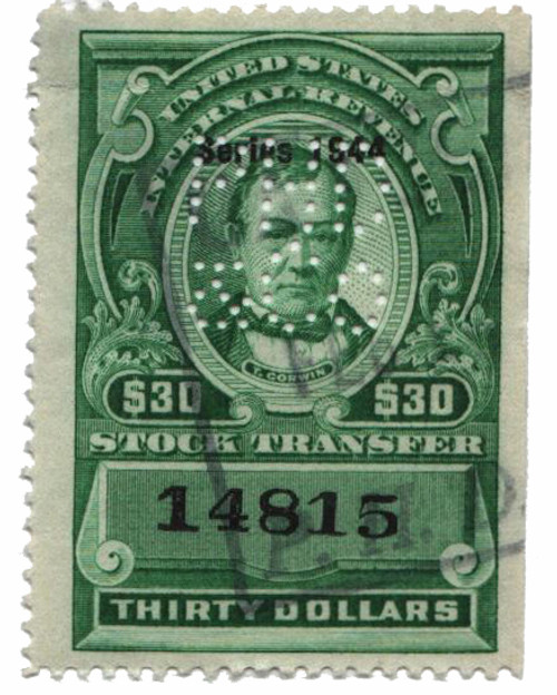 RD180  - 1944 $30 Stock Transfer Stamp, bright green, watermark, perf 12
