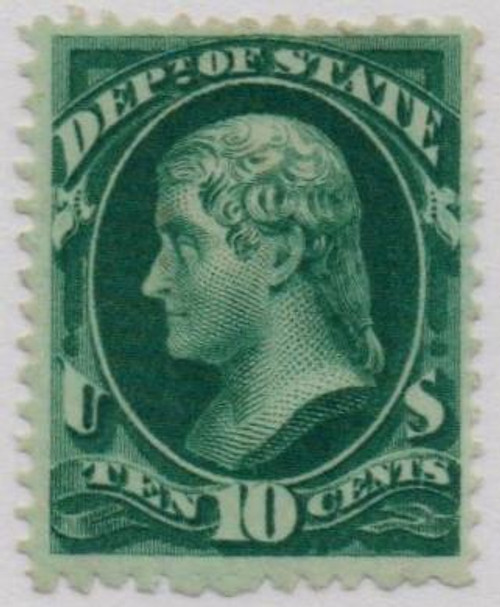 O62  - 1873 10c Dark Green, Department of State, Jefferson, Hard Paper