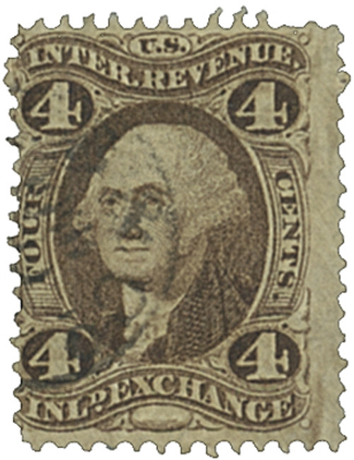 R20  - 1862-71 4c US Internal Revenue Stamp - Inland Exchange, old paper, brown