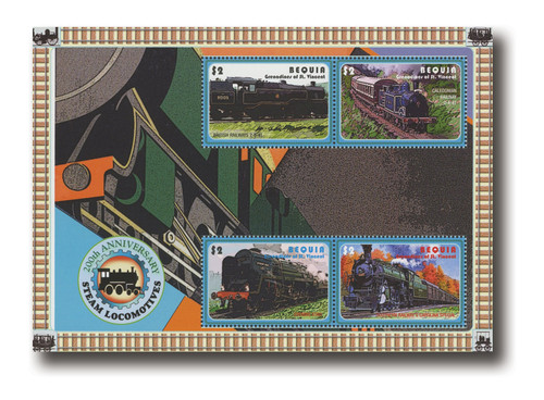 MFN268  - 2005 $2 200th Anniversary of Steam Locomotives, Mint Sheet of 4, Bequia