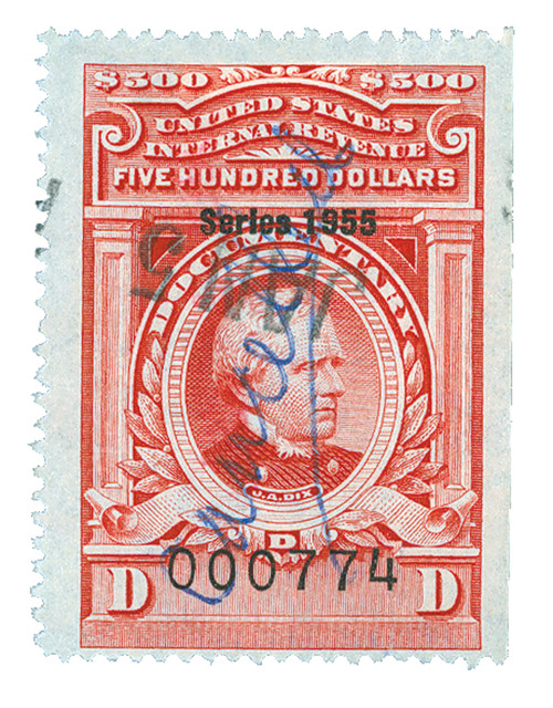 R692  - 1955 $500 US Internal Revenue Stamp - no gum, perf 12, carmine