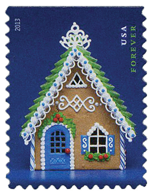 4818  - 2013 First-Class Forever Stamp - Contemporary Christmas: Gingerbread House with Green Roof and Blue Door