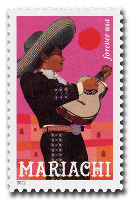 5704  - 2022 First-Class Forever Stamp - Mariachi: Guitarist and Sun, Pink Background
