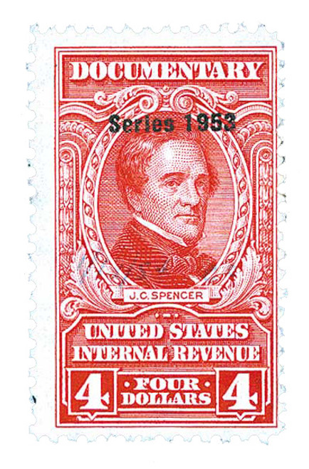 R641  - 1953 $4 US Internal Revenue Stamp - watermark, perf 11, carmine