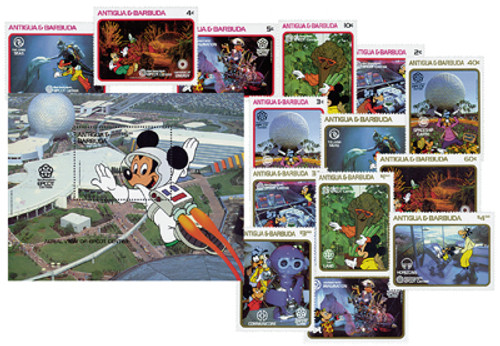 MDS223  - 1988 Disney's Characters At World's EPCOT Center, Mint, 14 Stamps and Souvenir Sheet, Antigua