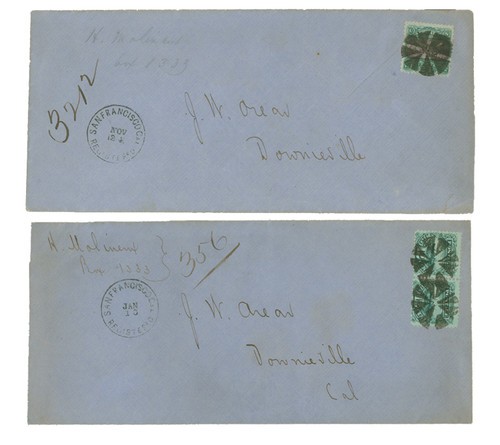 MRS1179  - 1869 Issue 24c Single (Scott #120) & 12c Pair (Scott #117) on Matching Domestic Registered Covers