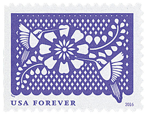 5087  - 2016 First-Class Forever Stamp - Colorful Celebrations: Violet with Two Birds and a White Flower