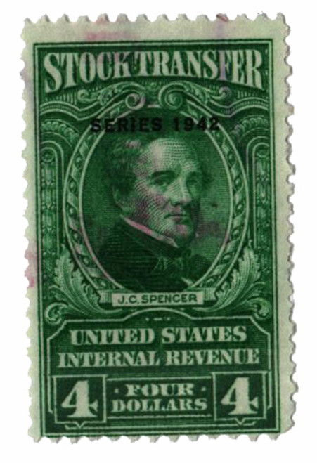 RD130  - 1942 $4 Stock Transfer Stamp, bright green, watermark, perf 11