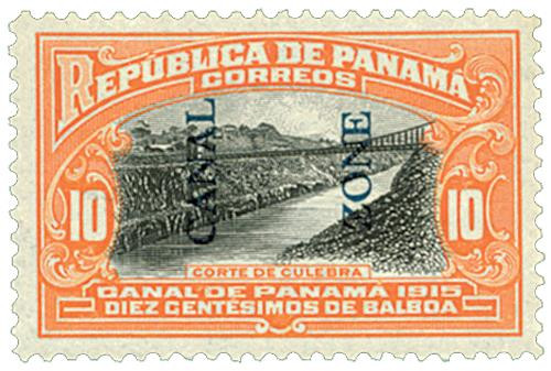 CZ45  - 1915 10c Canal Zone - Culebra Cut, blue overprint type II, orange & black
