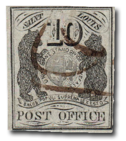 11X8  - 1847 10c Black, St. Louis Bear on Bluish Pelure Paper