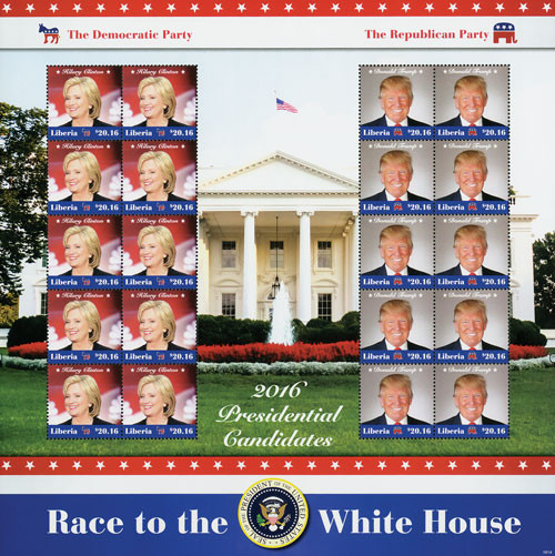 M11733  - 2016 $20.16 Hillary Clinton and Donald Trump Presidential Candidates, Mint, Sheet of 20 Stamps, Liberia