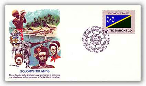 8A381  - 1982 20c Flags of the UN/Solomon Islands