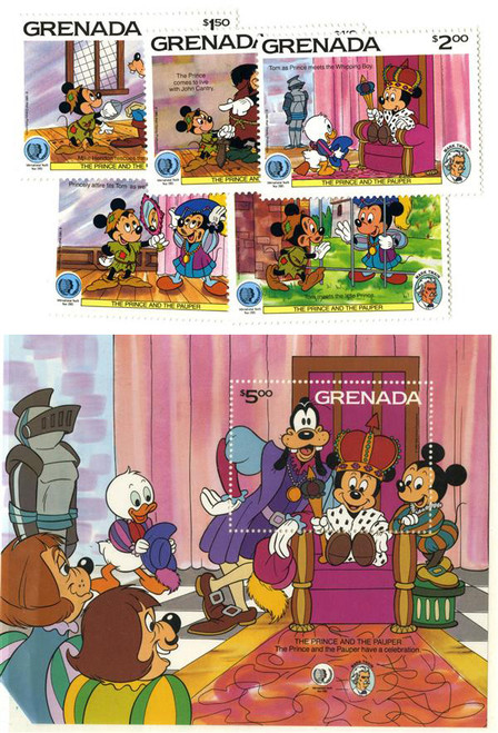 MDS308  - 1985 Disney's International Year of the Child-Prince and The Pauper, Mint, Set of 5 Stamps and Souvenir Sheet, Grenada