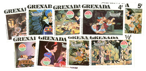 MDS300A  - 1980 Disney Christmas Celebrates - Snow White, Mint, Set of 9 Stamps, Grenada