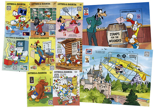 MDS226  - 1989 Disney Friends At American Philatelic Society (APS) Stamp Show, Mint, Set of 8 Stamps, 2 Souvenir Sheets, Antigua