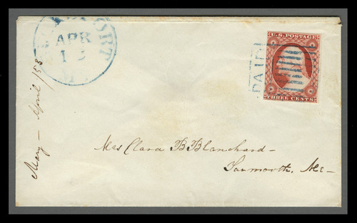 MRS110  - 1856 3c Washington (Scott #11) on Cover, brownish carmine with "PAID" grid cancel