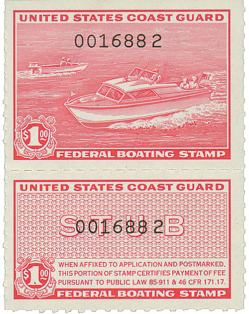 RVB1  - 1960 $1 U.S. Coast Guard Boating Tax, rose red, black number overprint