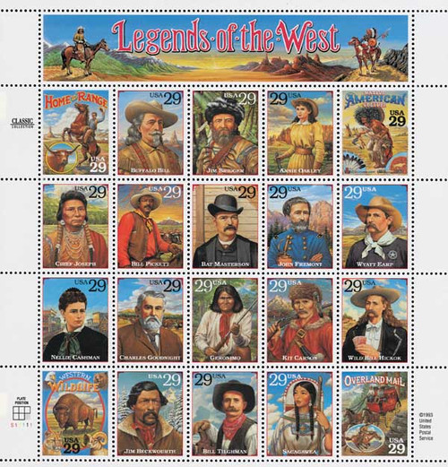 2870  - 1994 29c Legends of the West, Error Sheet, 20 Stamps