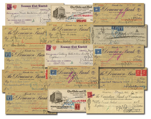 MFN330  - 1915-1950 Canada Bank Checks with Revenue or General Issue stamp affixed, 15 Checks