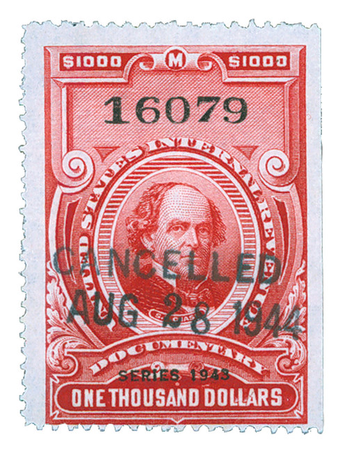 R385  - 1943 $1000 US Internal Revenue Stamp - carmine