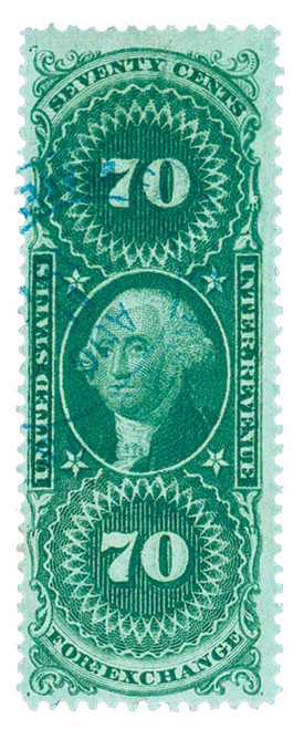 R65d  - 1862-71 70c US Internal Revenue Stamp - Foreign Exchange, silk paper, green
