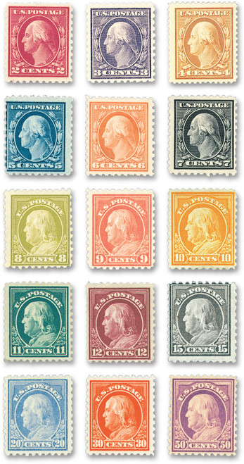 424-40  - Complete Set, 1914 Washington Franklin Perforated 10 Watermarked