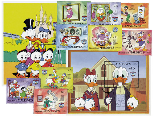 MDS381  - 1984 Disney Characters Celebrate Donald Duck's 50th Anniversary, Mint, Set of 9 Stamps and 2 Souvenir Sheets, Maldives
