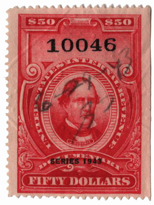 R381  - 1943 $50 Carmine, Revenue, Perf 12