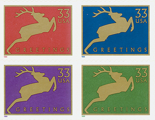 3363b  - 1999 33c Contemporary Christmas: Reindeer, block of 4 stamps