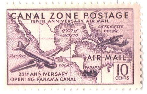 CZC16  - 1939 10c Canal Zone Airmail - Planes & Map, dull violet