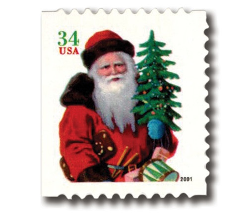 3543  - 2001 34c Contemporary Christmas: Santa with Red Hat, green denomination