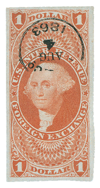 R68a  - 1862-71 $1 US Internal Revenue Stamp - Foreign Exchange, imperf, red