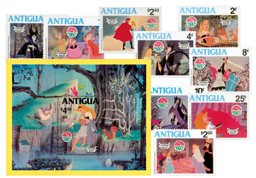 MDS219  - 1980 Disney's Sleeping Beauty, Mint, Set of 9 Stamps and Souvenir Sheet, Antigua